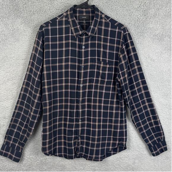 Vince Men's Classic Button Up Shirt Navy Red Plaid Size M Layering Preppy Fall - Picture 3 of 10